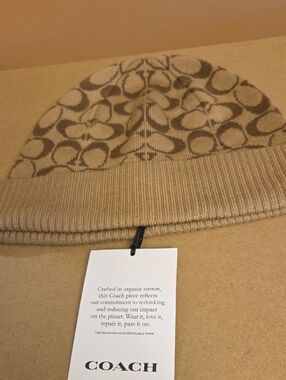 Coach Monogram Knit Beanie in Tan and Brown